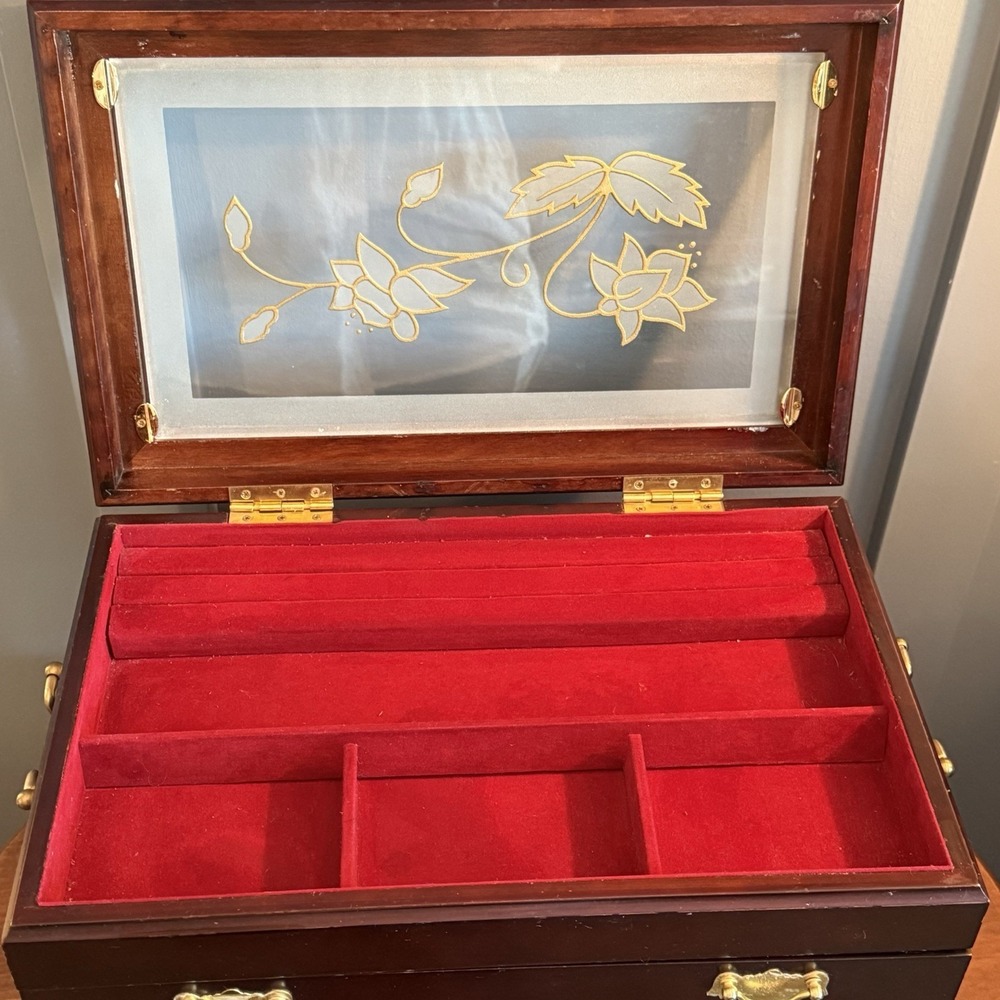Rosalco Commodore Jewelry Box Chest Wood Etched Floral Glass Top Velvet‎ Vintage - Picture 3 of 12